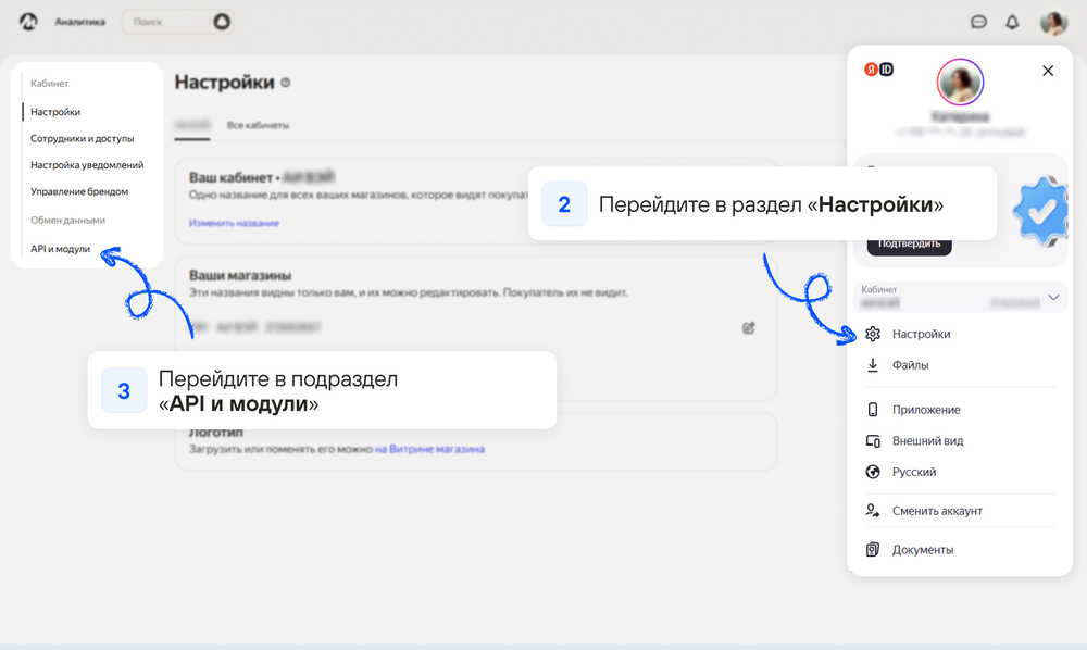 Раздел настроек, подраздел «API и модули»
