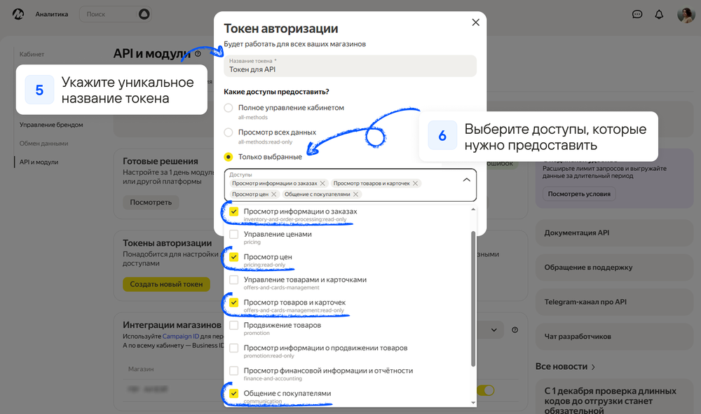 Название токена и выбор доступов